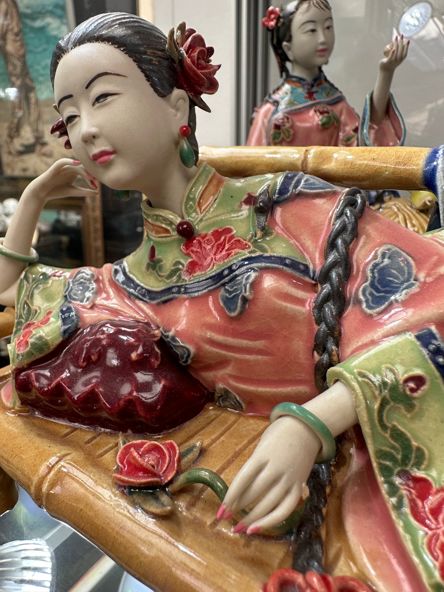 Lin Weidong Signed Shiwan Porcelain Figurine - Reclining Lady on Bamboo Bed - Vintage Chinese Wucai Ceramic Art