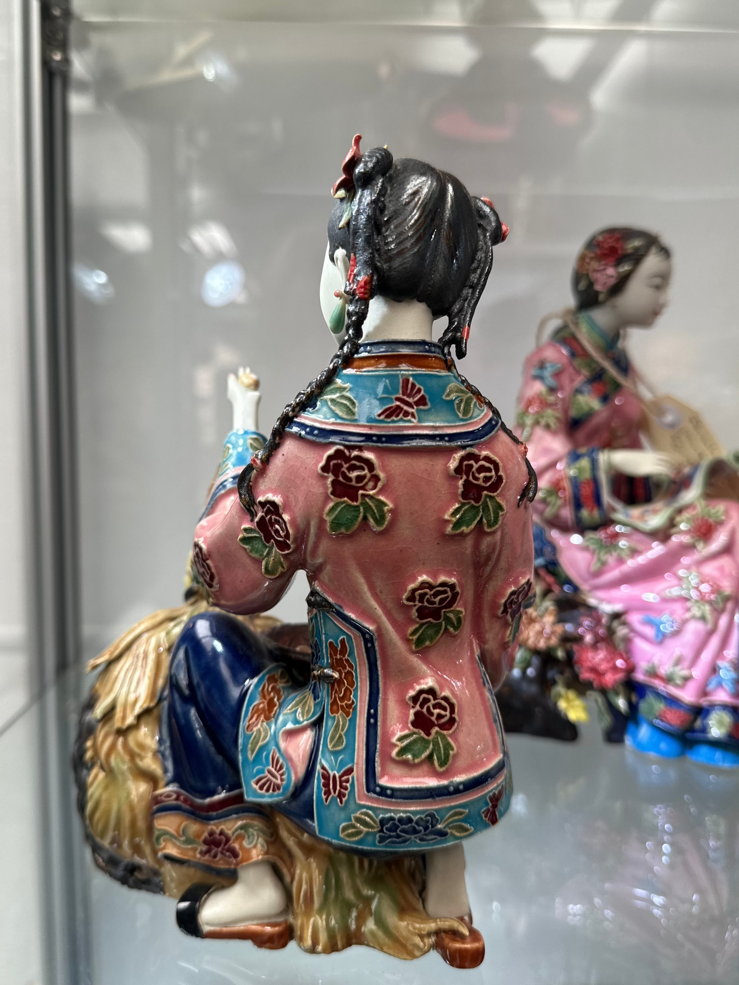 Vintage Chinese Shiwan Pottery Figurine - Lady Feeding Chickens & Eggs - Hand-Painted Polychrome Ceramic Statue