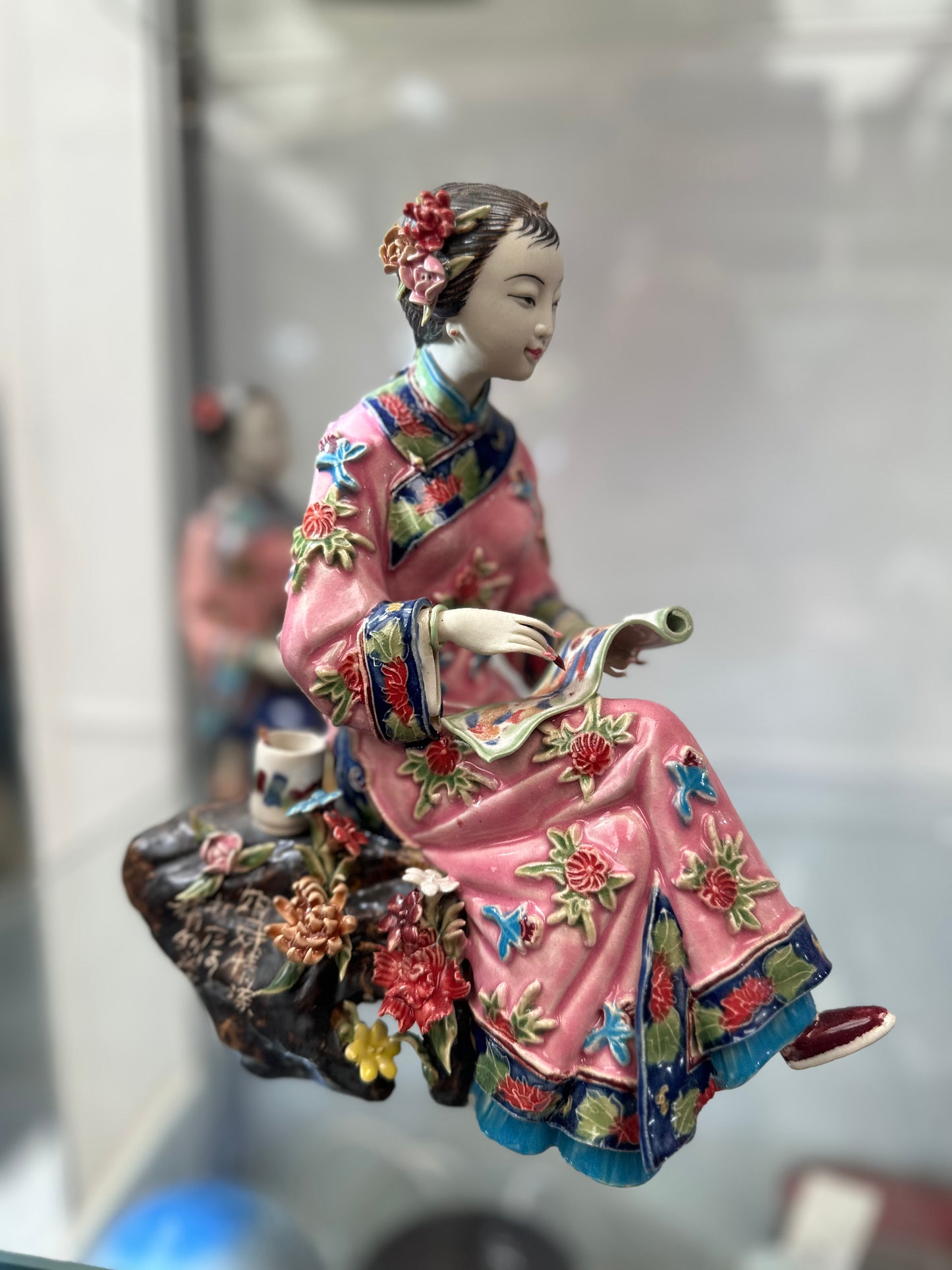 Vintage Chinese Famille Rose Porcelain Lady Figurine | Hand-Painted Scholar Woman with Scroll