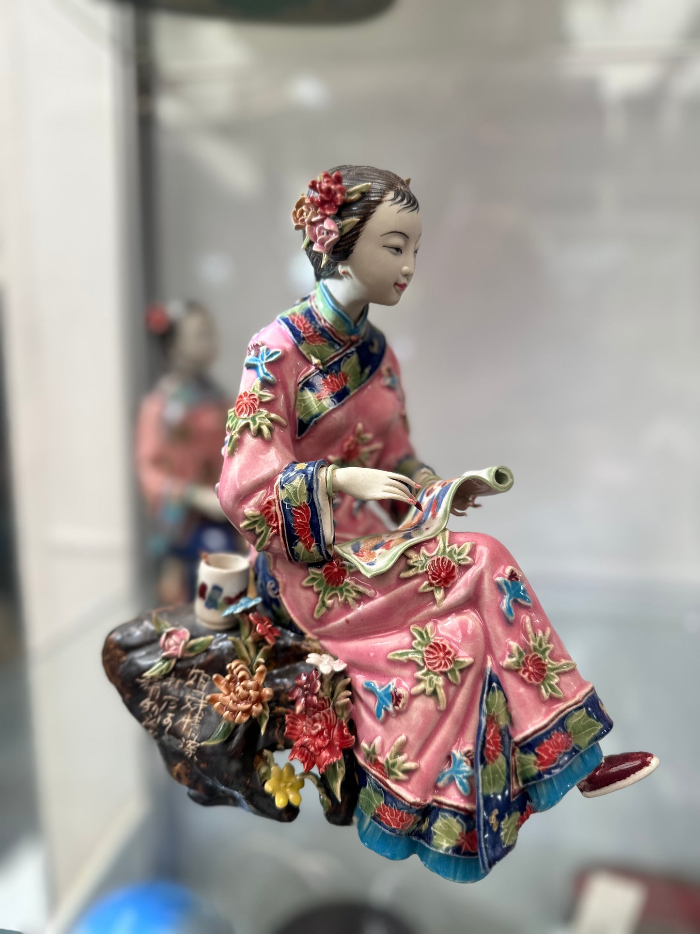 Vintage Chinese Famille Rose Porcelain Lady Figurine | Hand-Painted Scholar Woman with Scroll