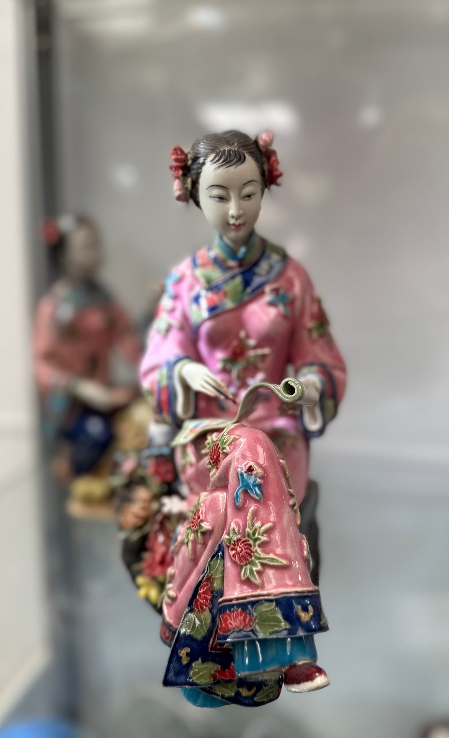 Vintage Chinese Famille Rose Porcelain Lady Figurine | Hand-Painted Scholar Woman with Scroll