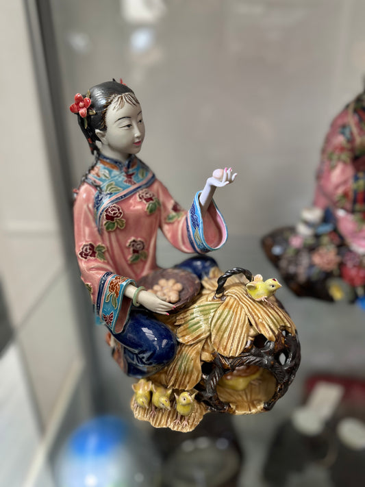 Vintage Chinese Shiwan Pottery Figurine - Lady Feeding Chickens & Eggs - Hand-Painted Polychrome Ceramic Statue