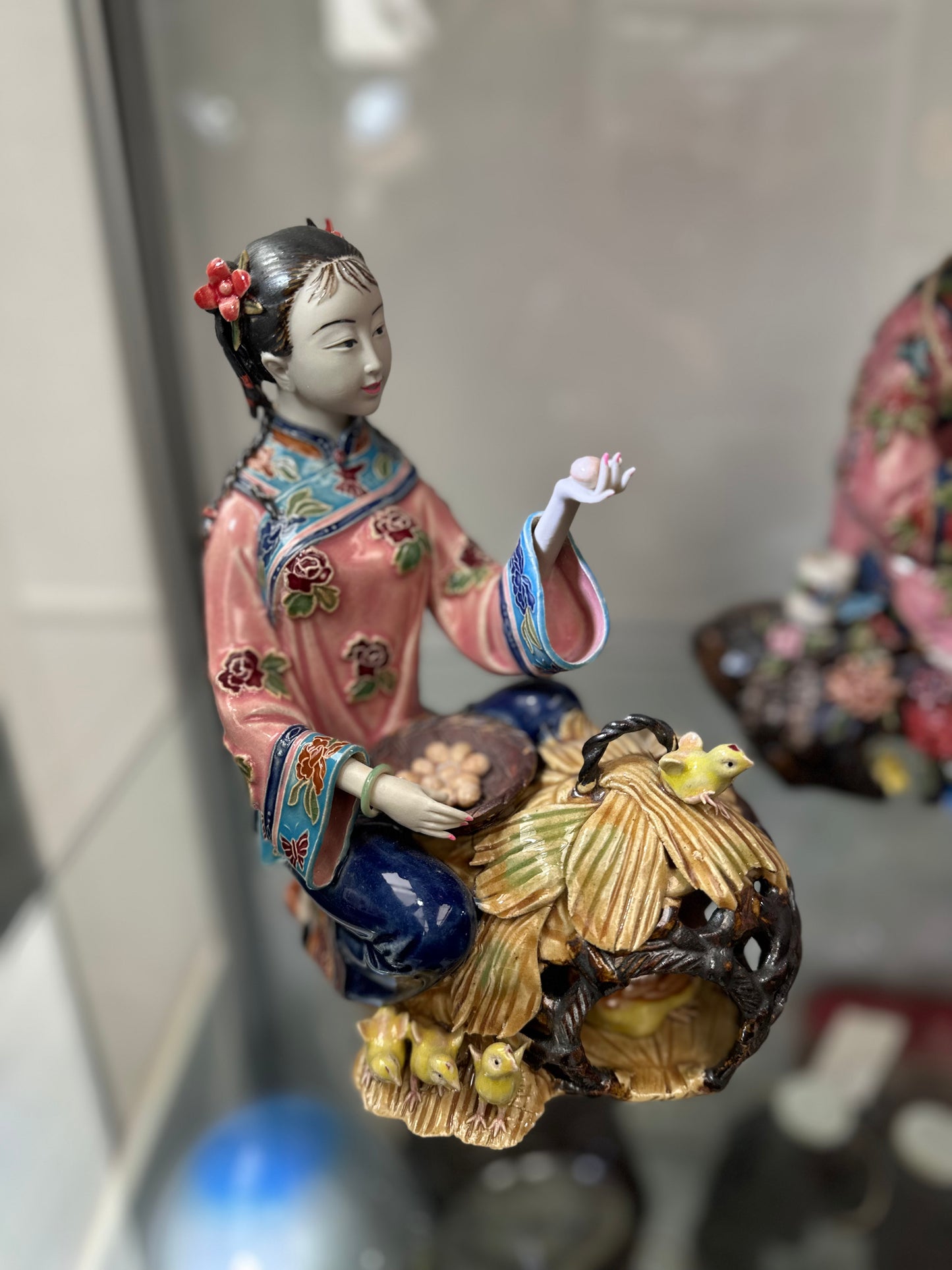 Vintage Chinese Shiwan Pottery Figurine - Lady Feeding Chickens & Eggs - Hand-Painted Polychrome Ceramic Statue