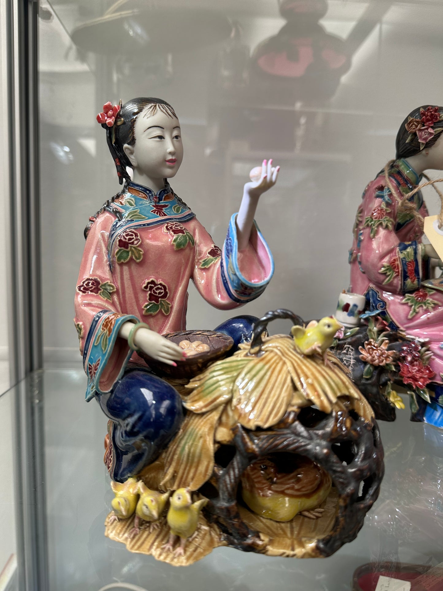 Vintage Chinese Shiwan Pottery Figurine - Lady Feeding Chickens & Eggs - Hand-Painted Polychrome Ceramic Statue