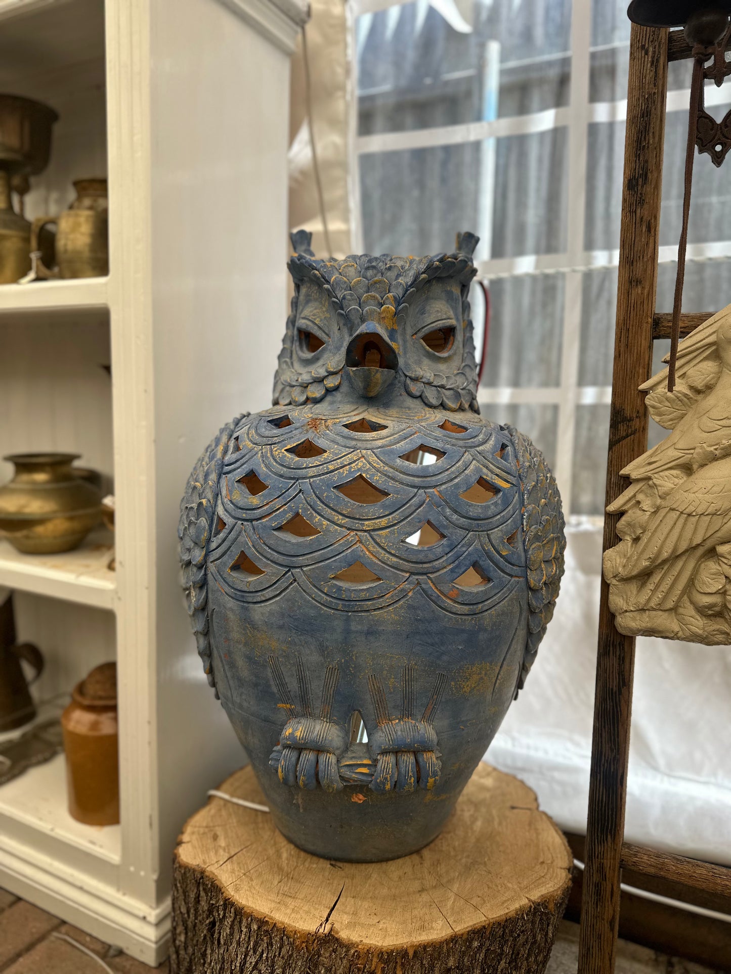 Vintage Blue Glazed Terracotta Owl Lantern