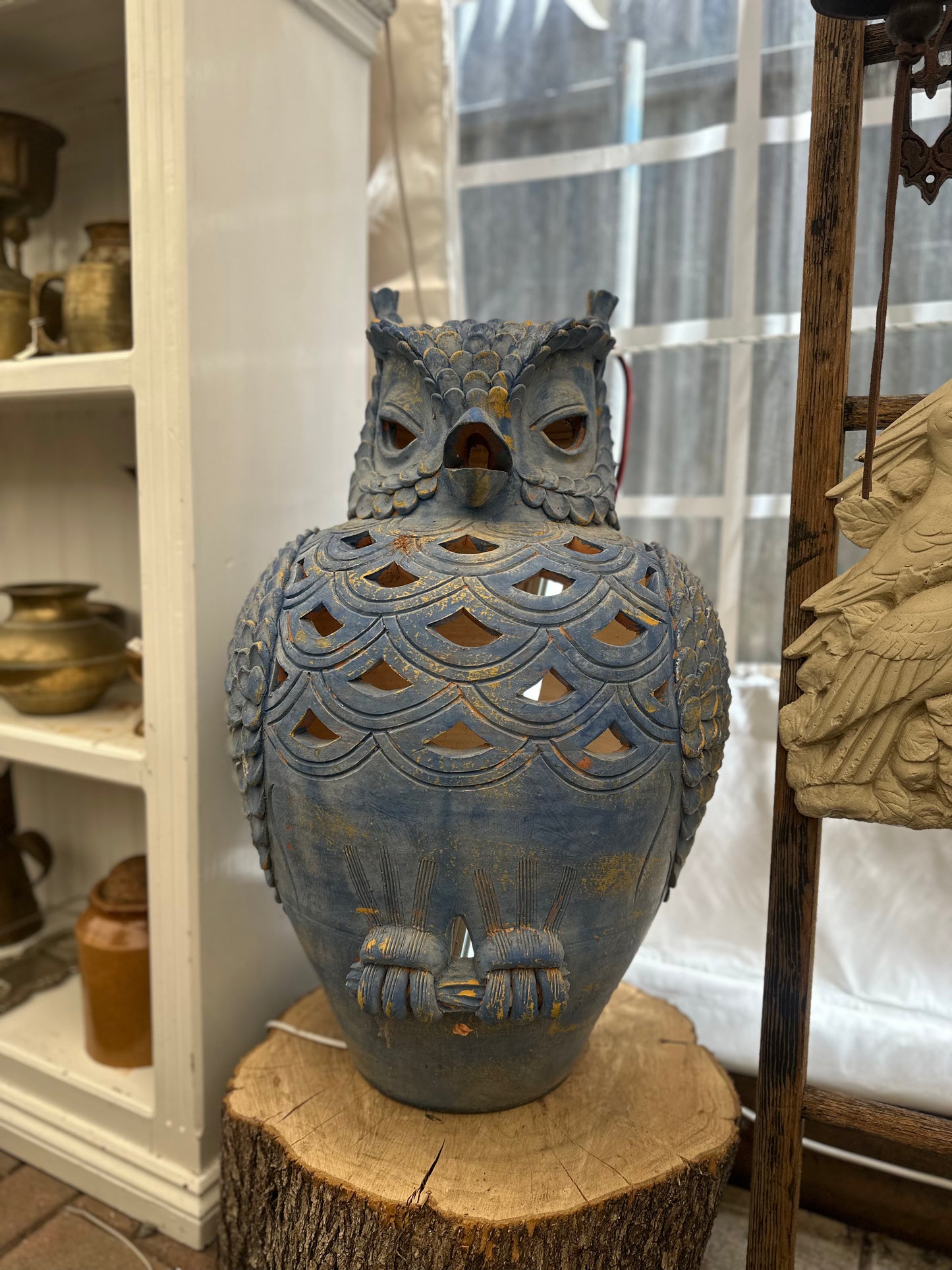 Vintage Blue Glazed Terracotta Owl Lantern