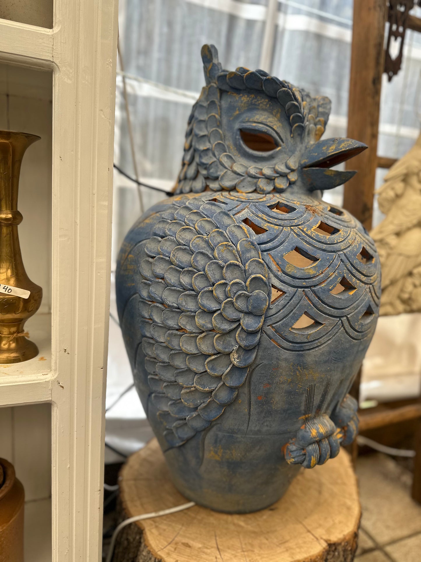 Vintage Blue Glazed Terracotta Owl Lantern