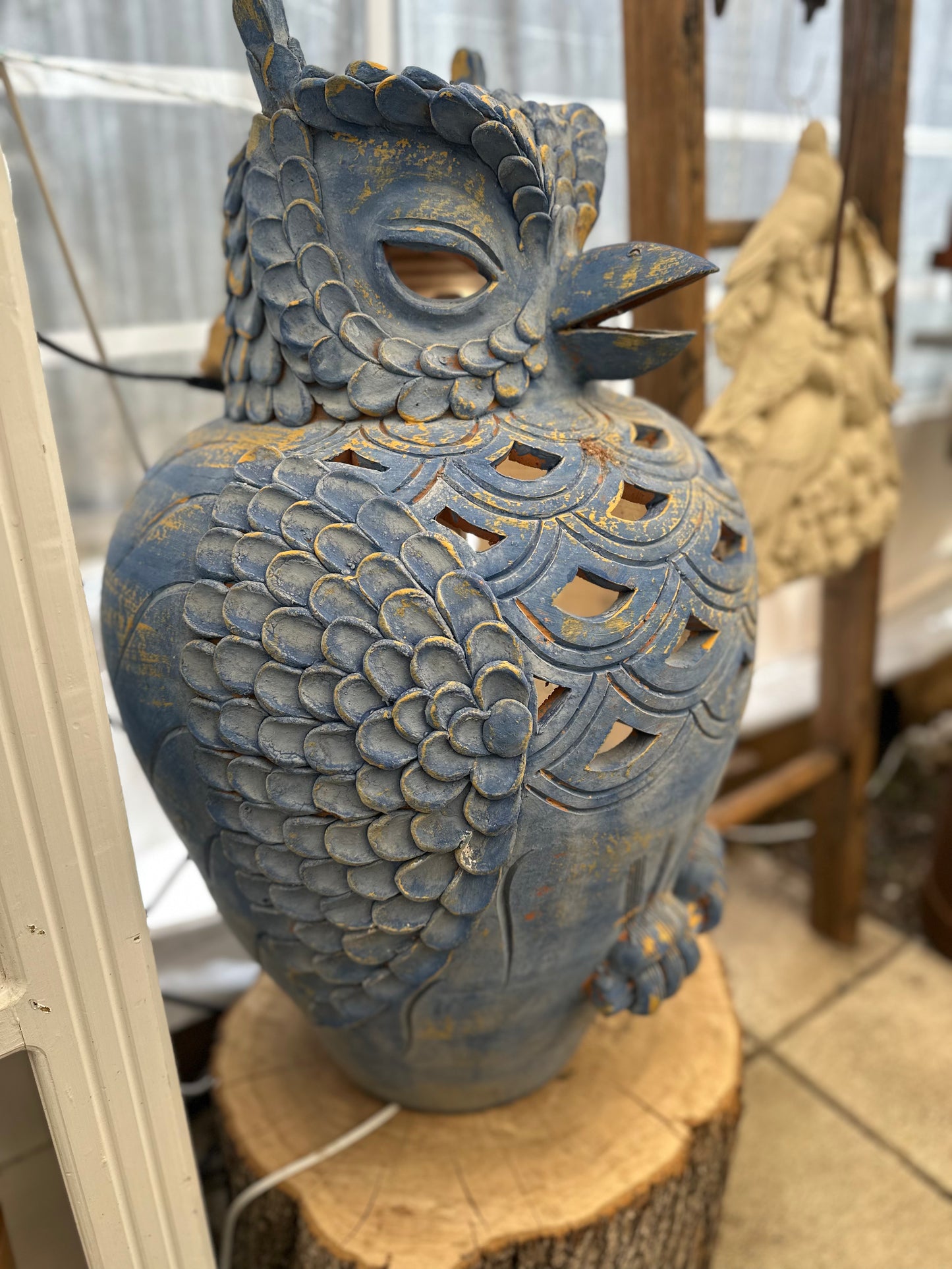Vintage Blue Glazed Terracotta Owl Lantern