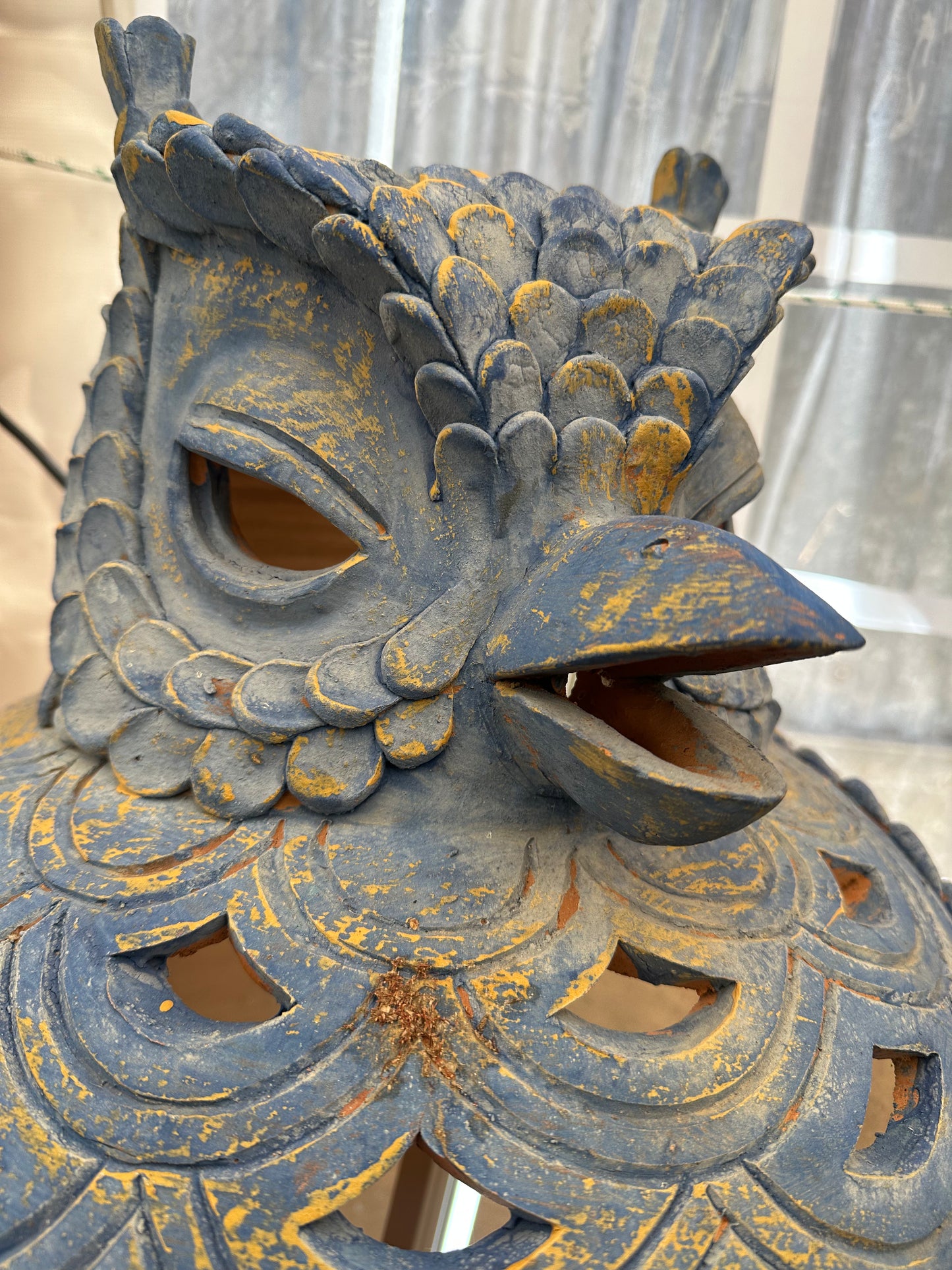Vintage Blue Glazed Terracotta Owl Lantern
