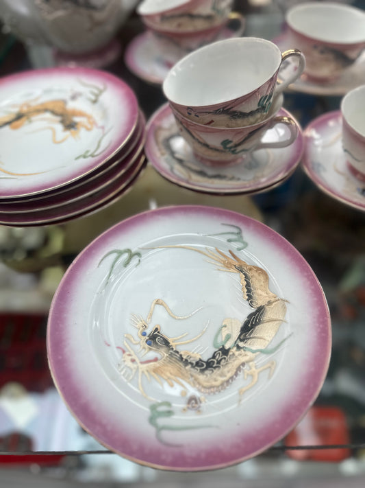 Vintage Japanese Moriage Dragonware Tea Set - Pink Luster & Gold Porcelain - Lithophane Geisha Cups - 1950s Mid-Century Export