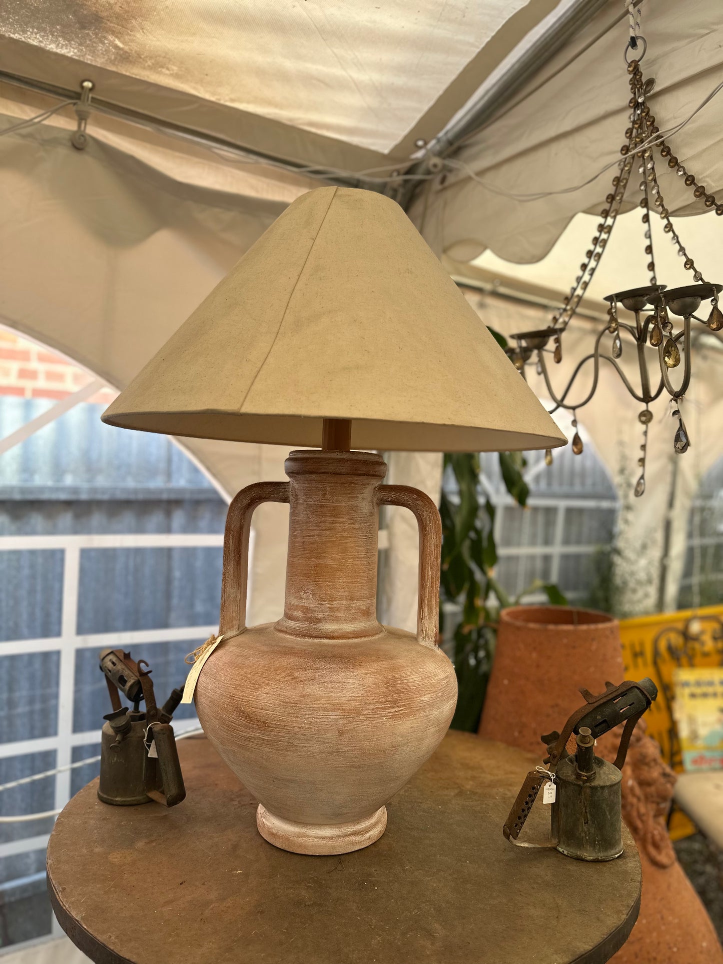 Large Vintage Terracotta Amphora Table Lamp | Mediterranean Urn Style with Linen Shade