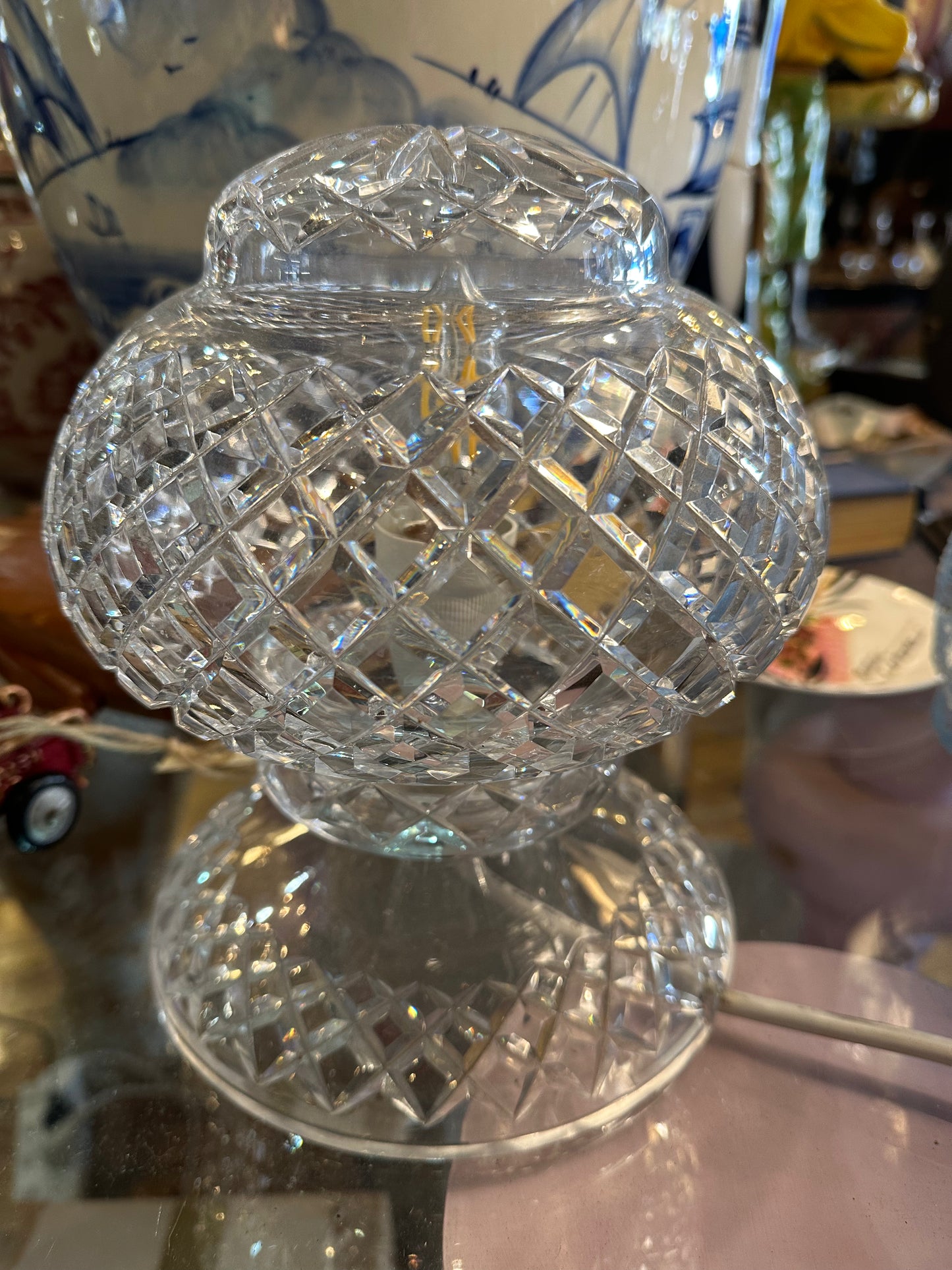 Vintage Art Deco Diamond Cut Crystal Mushroom Table Lamp
