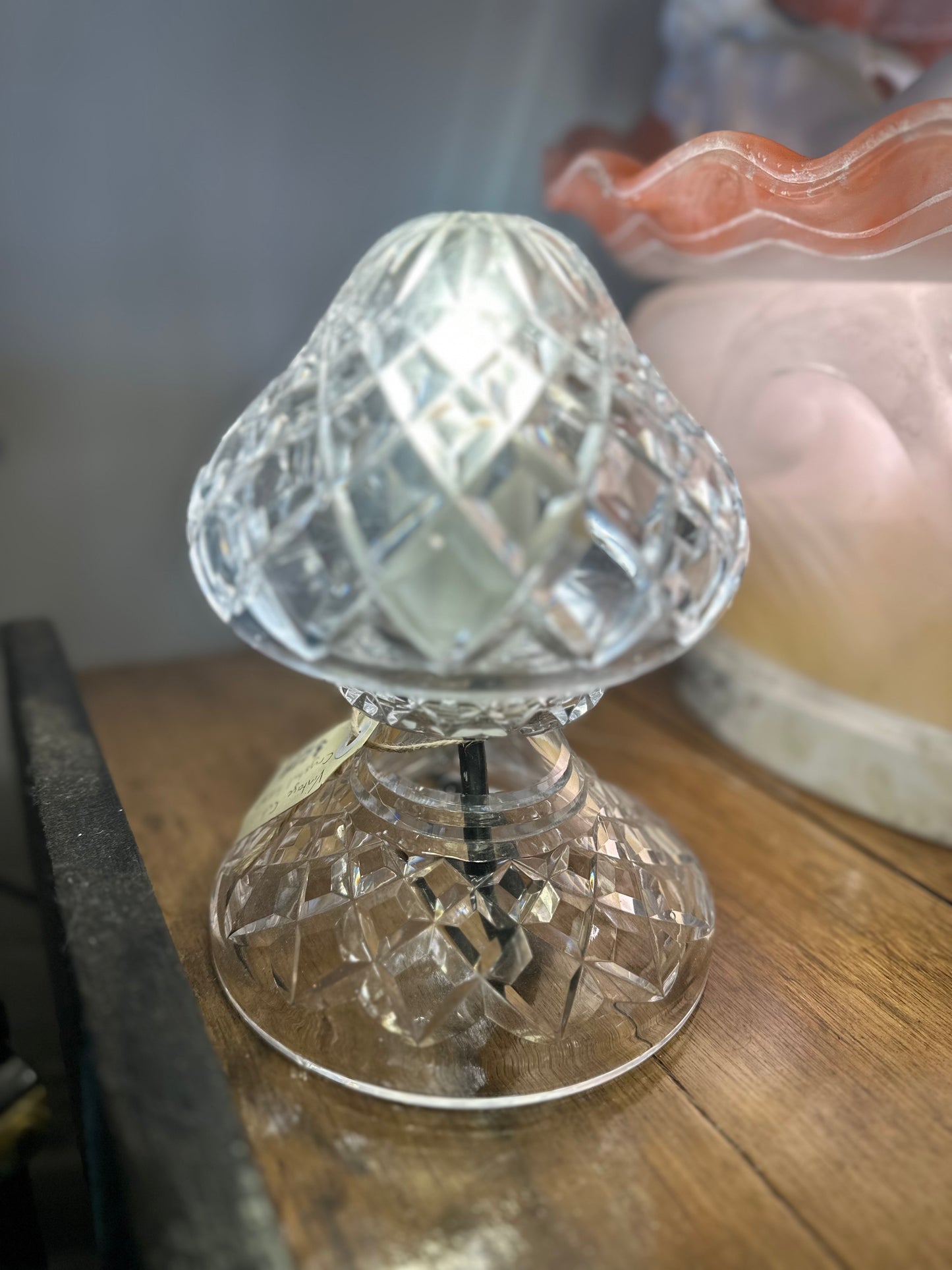 Vintage Lead Crystal Mushroom Table Lamp | Hand-Cut Diamond Pattern | Hollywood Regency Glass Lighting