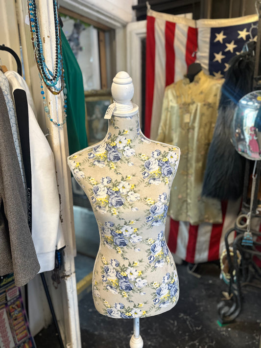 Vintage Style Floral Fabric Dress Form Mannequin | Shabby Chic Female Display Torso with White Pedestal Stand