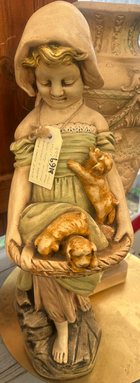 Antique Mattei Bros & Co Chalkware Figurine - Girl with Three Puppies - c. 1920 Italy