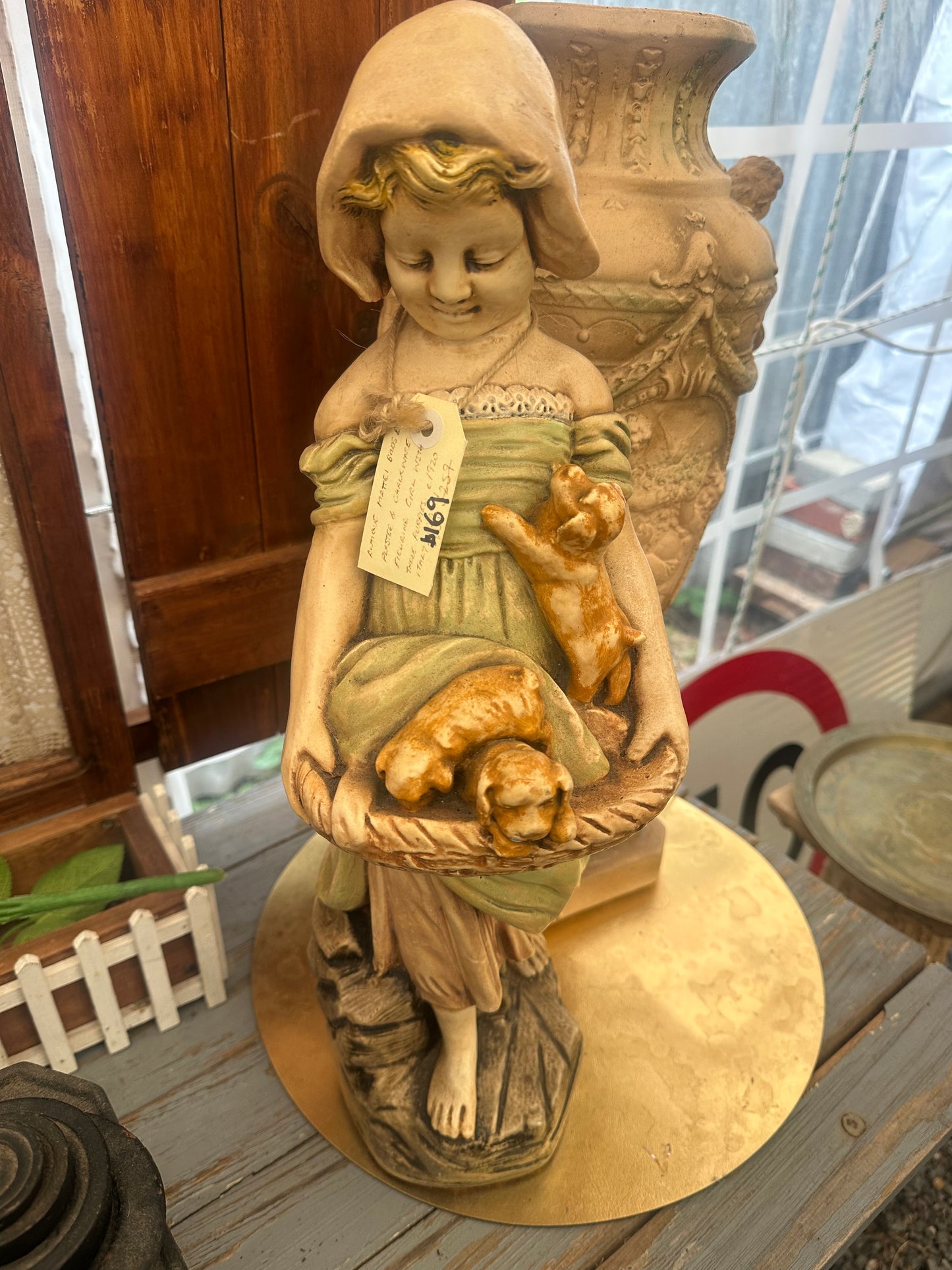 Antique Mattei Bros & Co Chalkware Figurine - Girl with Three Puppies - c. 1920 Italy