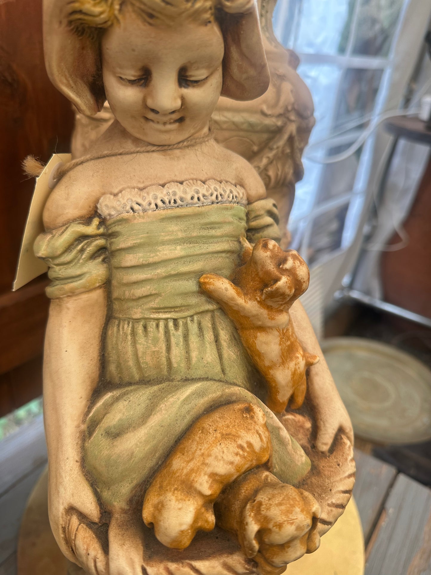 Antique Mattei Bros & Co Chalkware Figurine - Girl with Three Puppies - c. 1920 Italy