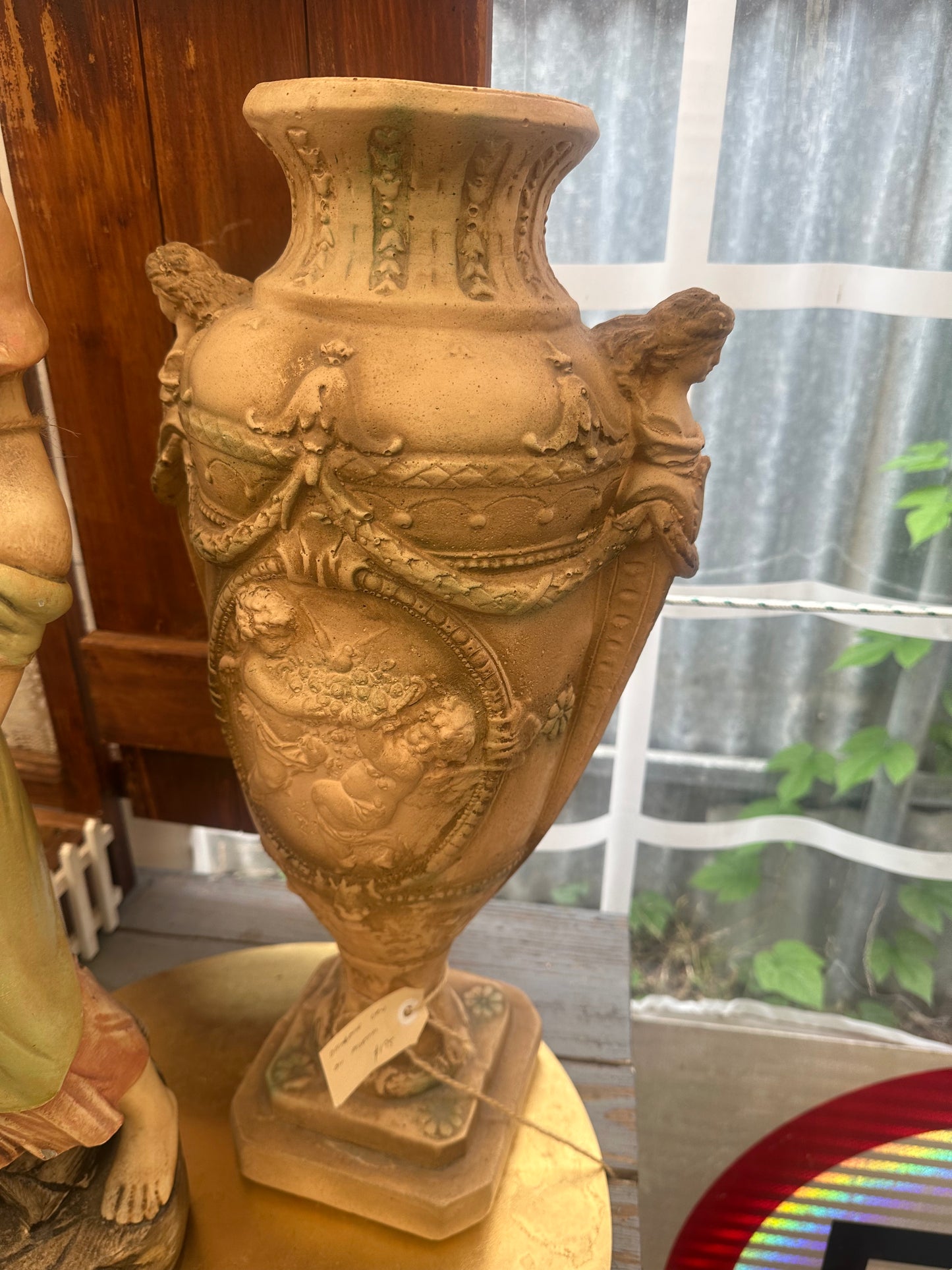 Vintage Neoclassical Terracotta Garden Urn with Pedestal Stand - Cherub Relief & Maiden Handles - Ornate Classical