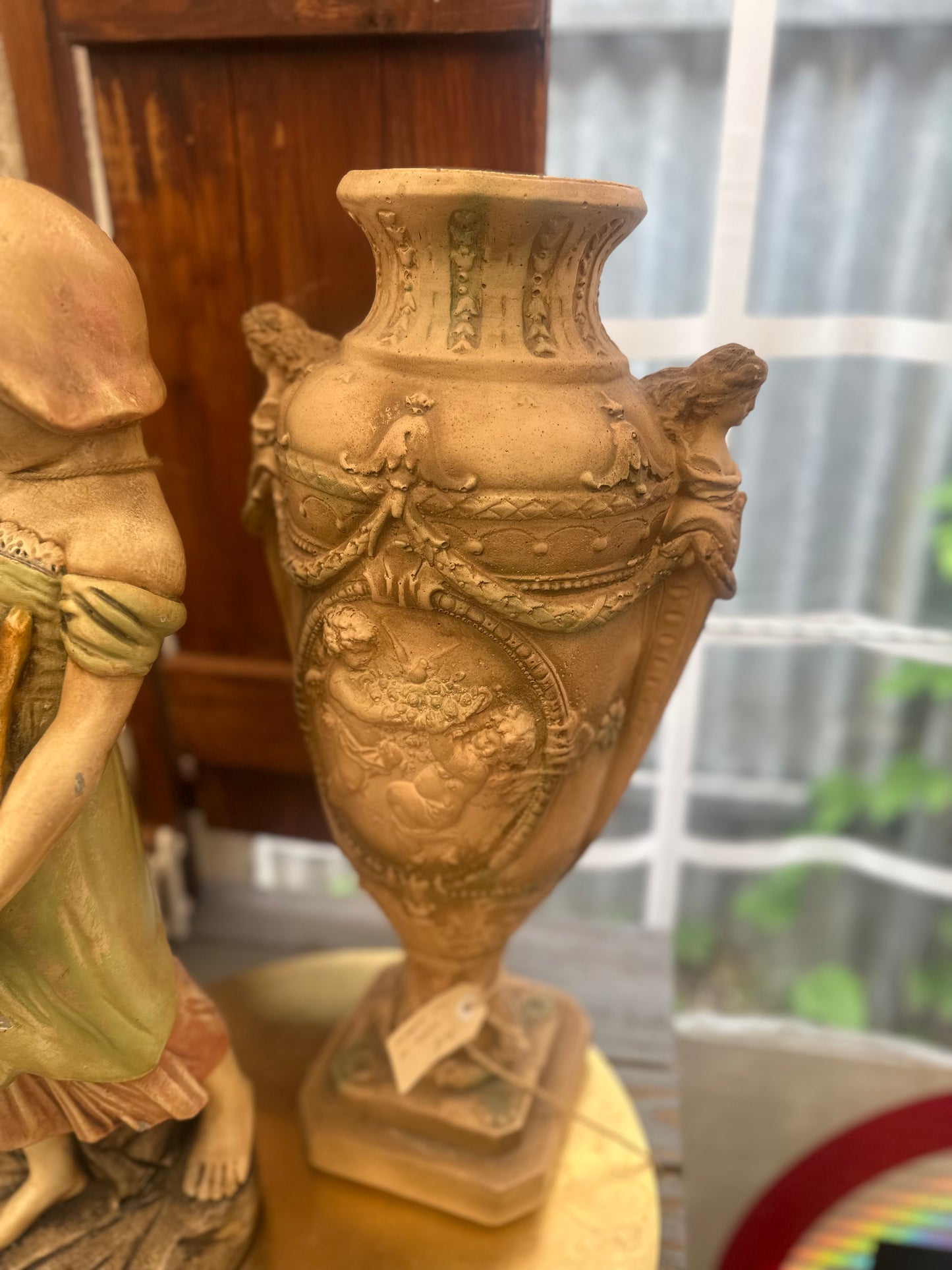 Vintage Neoclassical Terracotta Garden Urn with Pedestal Stand - Cherub Relief & Maiden Handles - Ornate Classical