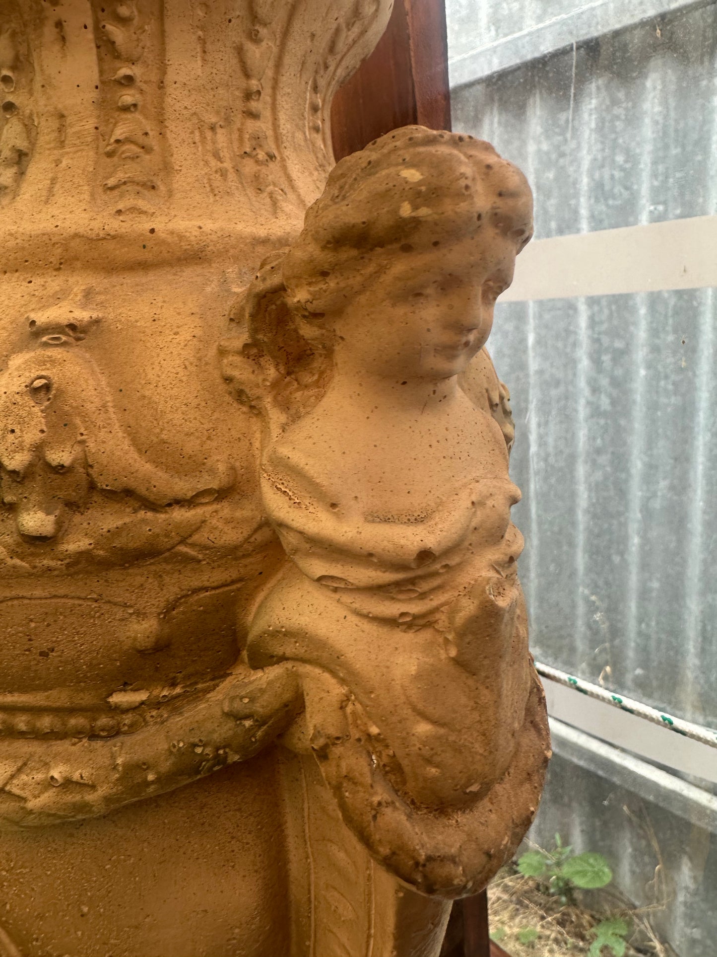 Vintage Neoclassical Terracotta Garden Urn with Pedestal Stand - Cherub Relief & Maiden Handles - Ornate Classical