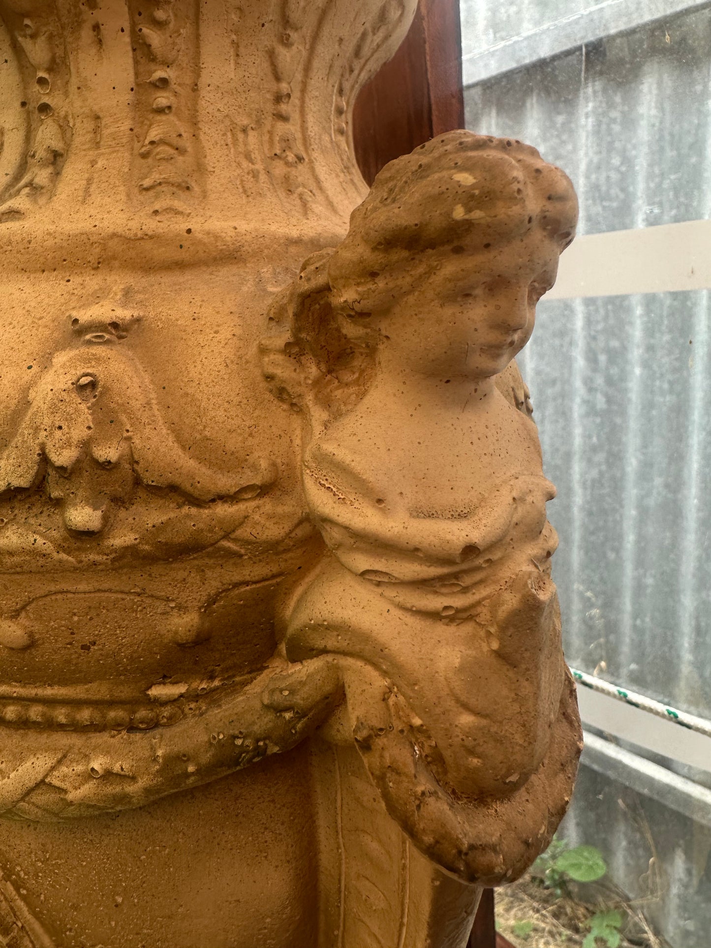 Vintage Neoclassical Terracotta Garden Urn with Pedestal Stand - Cherub Relief & Maiden Handles - Ornate Classical