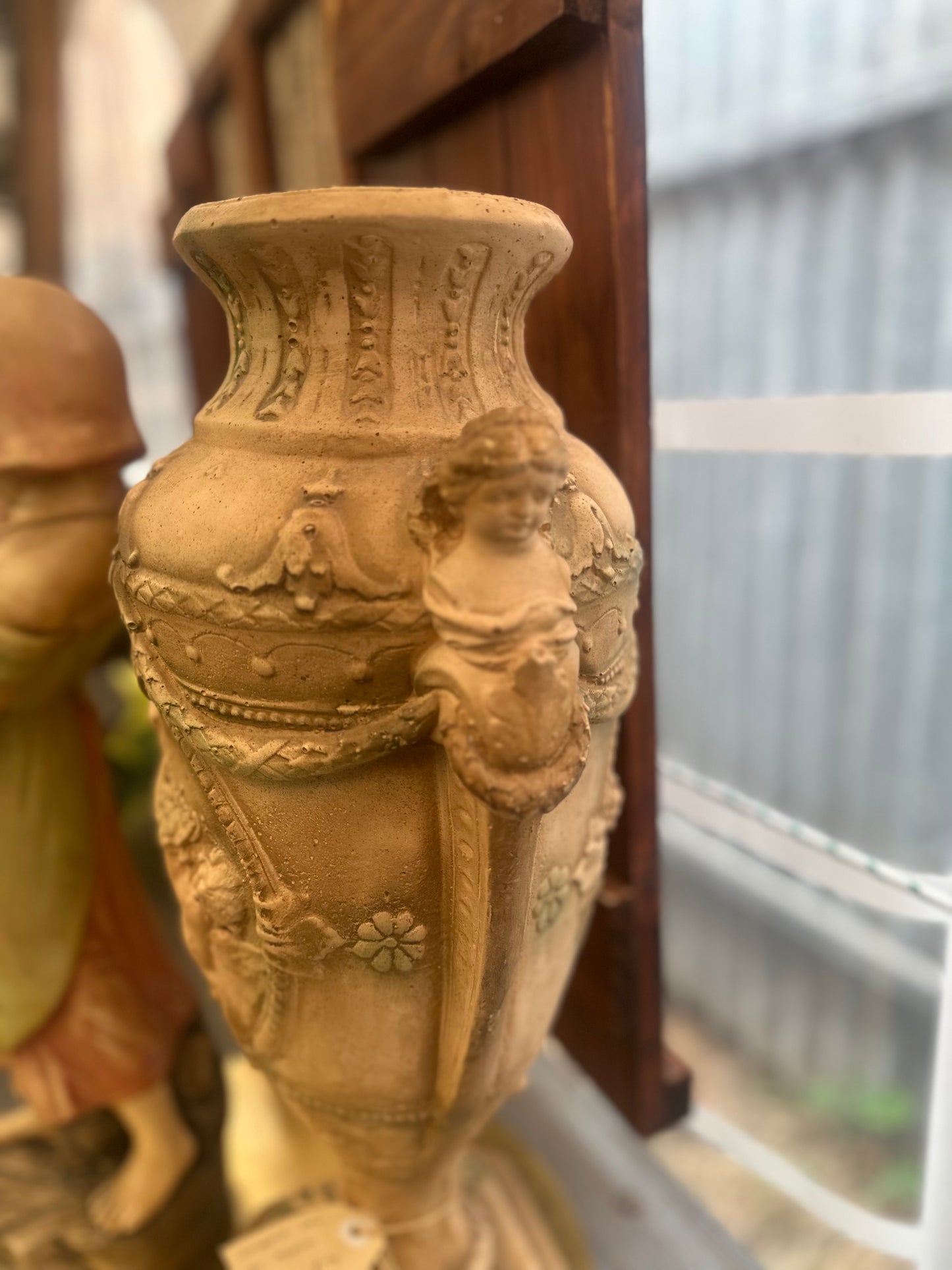 Vintage Neoclassical Terracotta Garden Urn with Pedestal Stand - Cherub Relief & Maiden Handles - Ornate Classical