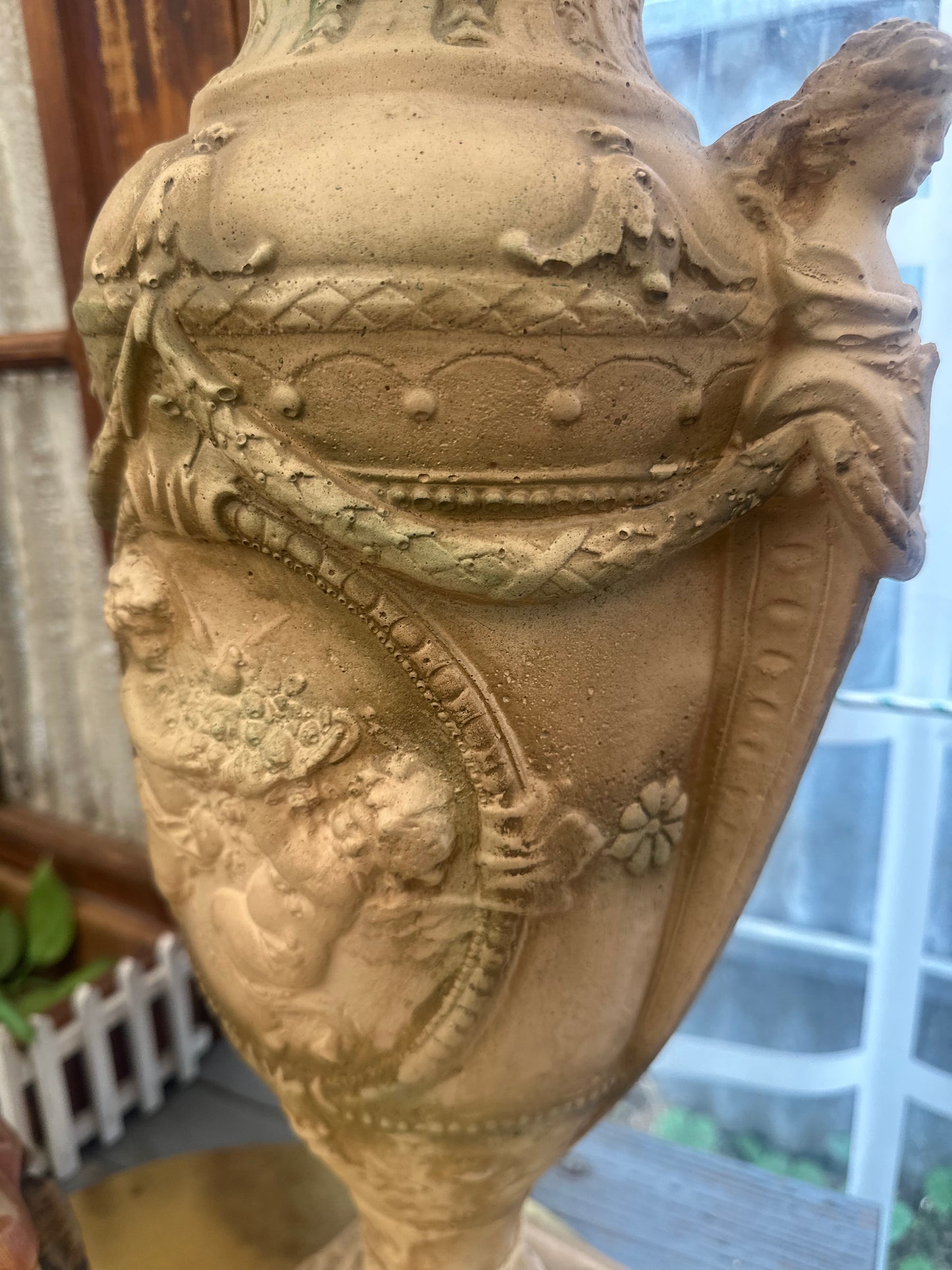 Vintage Neoclassical Terracotta Garden Urn with Pedestal Stand - Cherub Relief & Maiden Handles - Ornate Classical