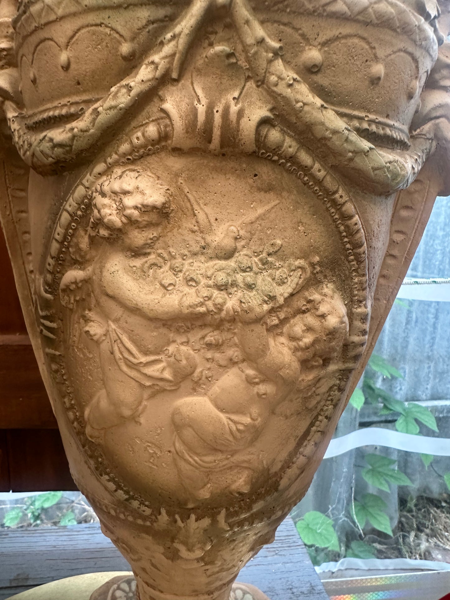 Vintage Neoclassical Terracotta Garden Urn with Pedestal Stand - Cherub Relief & Maiden Handles - Ornate Classical