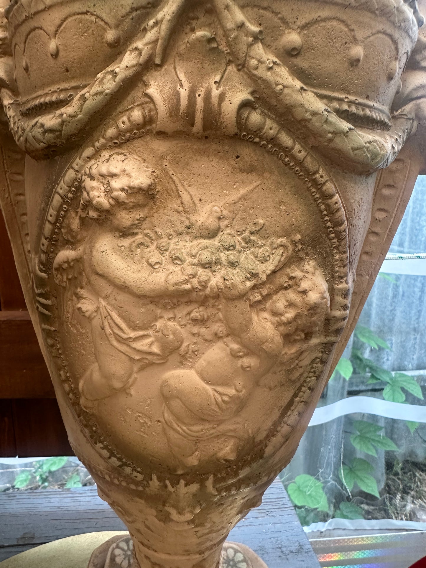 Vintage Neoclassical Terracotta Garden Urn with Pedestal Stand - Cherub Relief & Maiden Handles - Ornate Classical