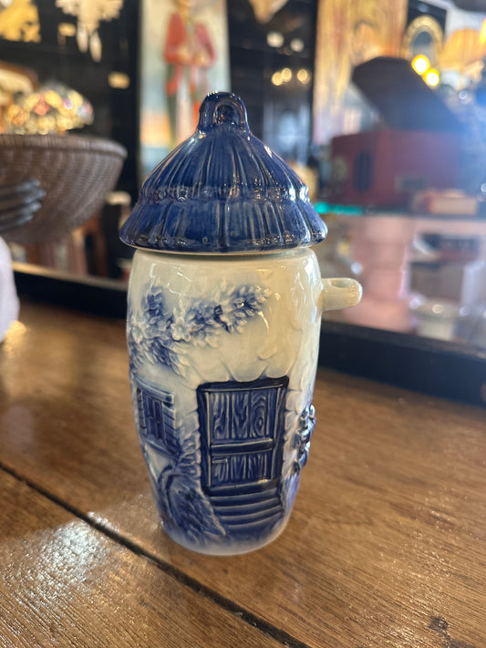 Vintage Japanese Blue and White Cottage Tea Canister - Embossed Ceramic Lidded Jar - La La Vintage