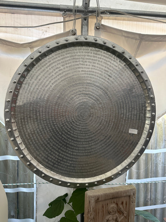Large Vintage Hammered Metal Tray Wall Hanging – Industrial Riveted Round Platter Decor