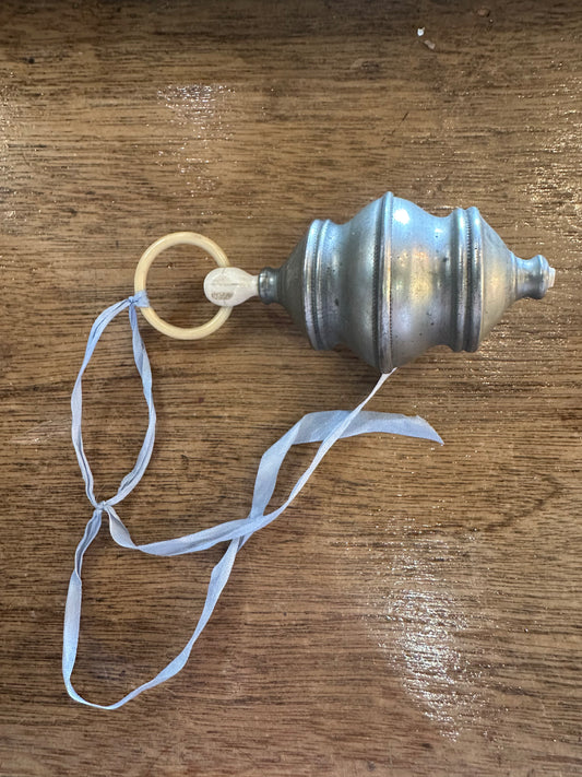 Antique Victorian Bone Teething Ring & Pewter Baby Rattle | Heirloom Christening Gift