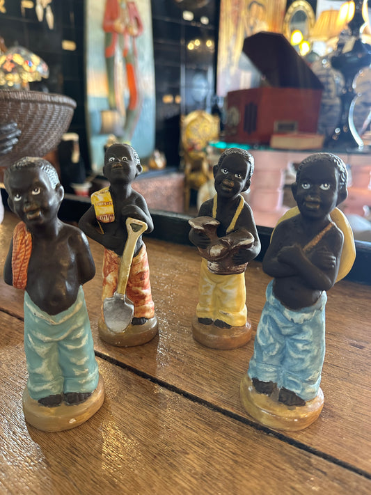 Rare Set of 4 Vintage Mid-Century Figurines | Hand-Painted Cold Painted Clay Statuettes | 1950s Black Americana Collectibles