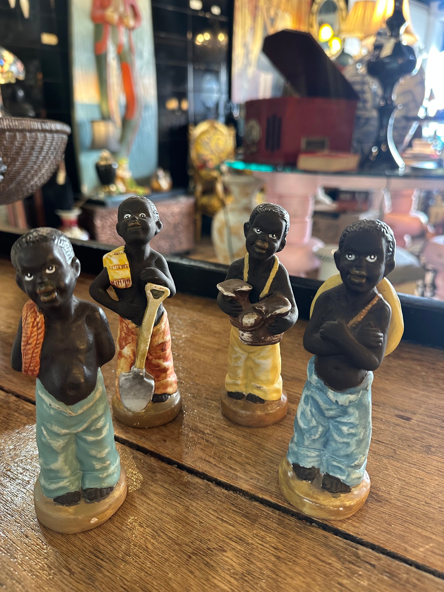 Rare Set of 4 Vintage Mid-Century Figurines | Hand-Painted Cold Painted Clay Statuettes | 1950s Black Americana Collectibles
