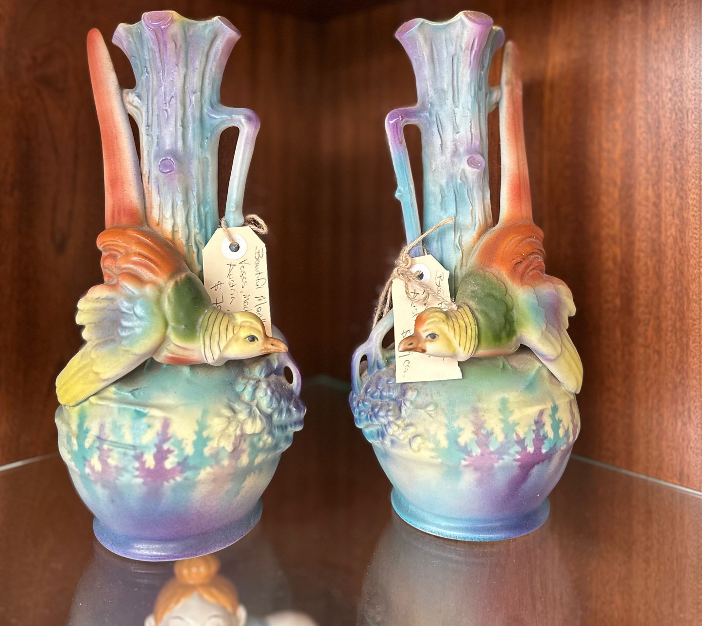 Vintage Austrian Bird Mantle Vases Pair – Pastel Ceramic Posy Vases “Austria 76”