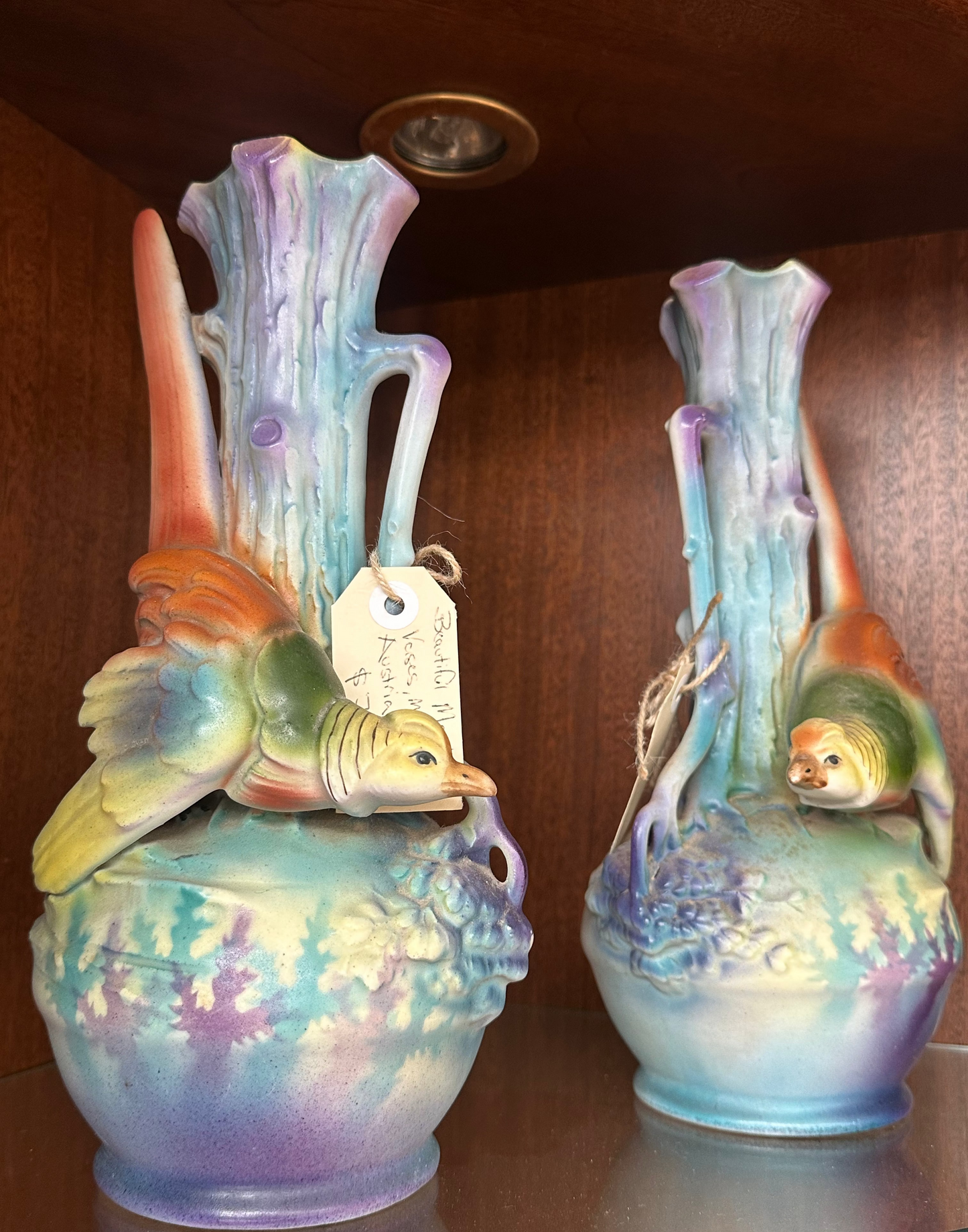 Vintage Austrian Bird Mantle Vases Pair – Pastel Ceramic Posy Vases “Austria 76”