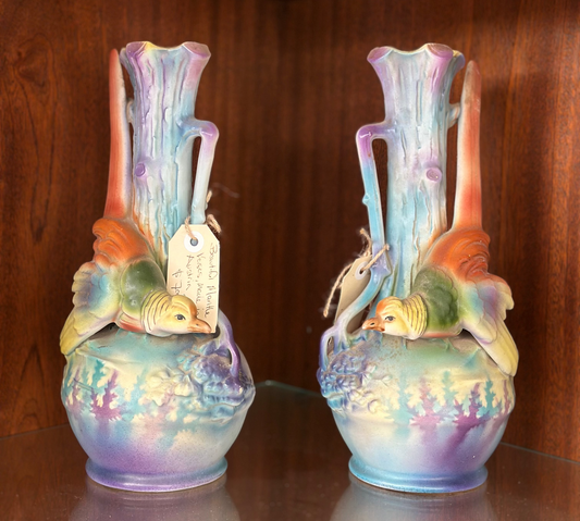 Vintage Austrian Bird Mantle Vases Pair – Pastel Ceramic Posy Vases “Austria 76”