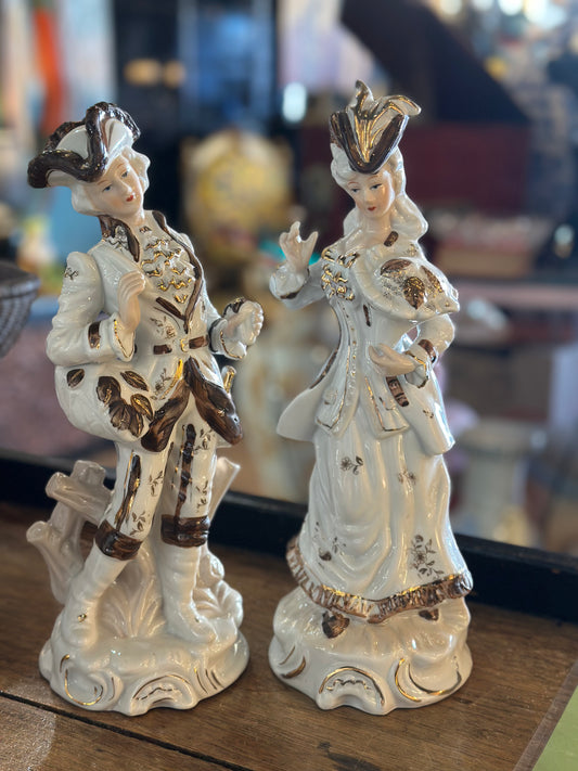 Vintage Porcelain Victorian Couple Figurines Pair – Made in Taiwan Gold Detail Romantic Decor