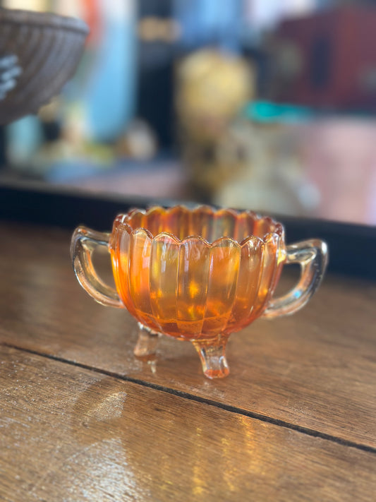 Vintage Amber Carnival Glass Sugar Bowl  – Iridescent Double Handle Footed Bowl – Mid Century Collectible