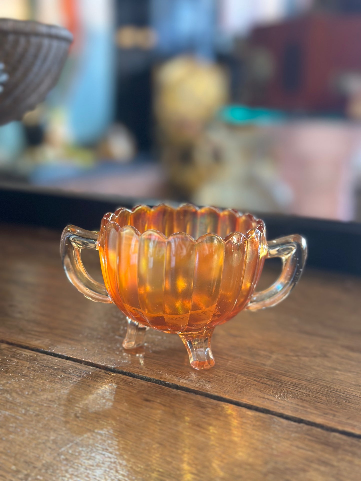Vintage Amber Carnival Glass Sugar Bowl  – Iridescent Double Handle Footed Bowl – Mid Century Collectible