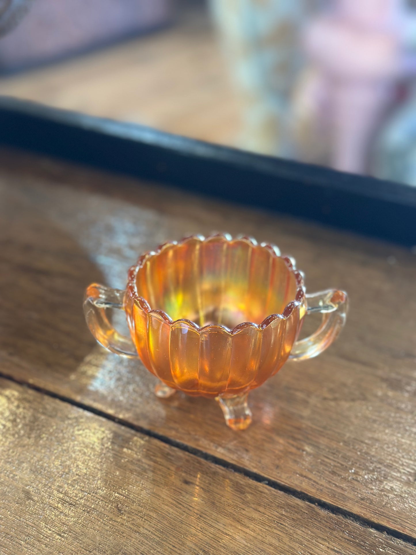 Vintage Amber Carnival Glass Sugar Bowl  – Iridescent Double Handle Footed Bowl – Mid Century Collectible