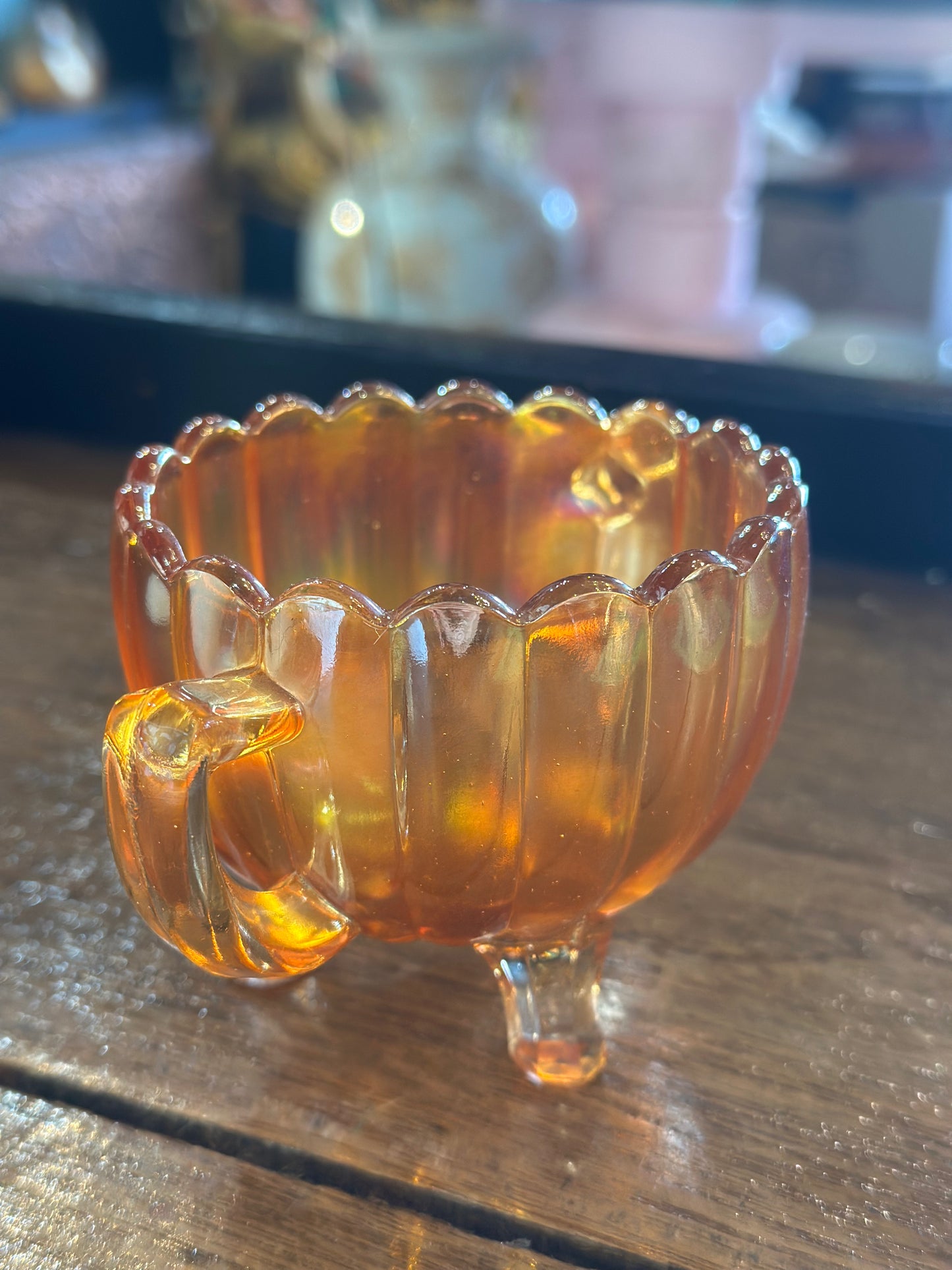 Vintage Amber Carnival Glass Sugar Bowl  – Iridescent Double Handle Footed Bowl – Mid Century Collectible