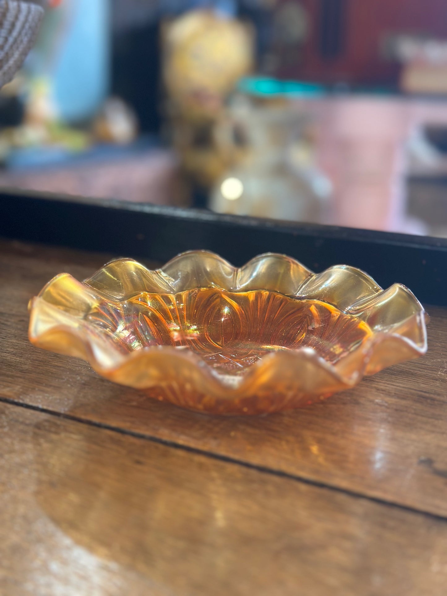 Vintage Marigold Carnival Glass Ruffled Bowl - Iridescent Basketweave Pattern - 7 Inch