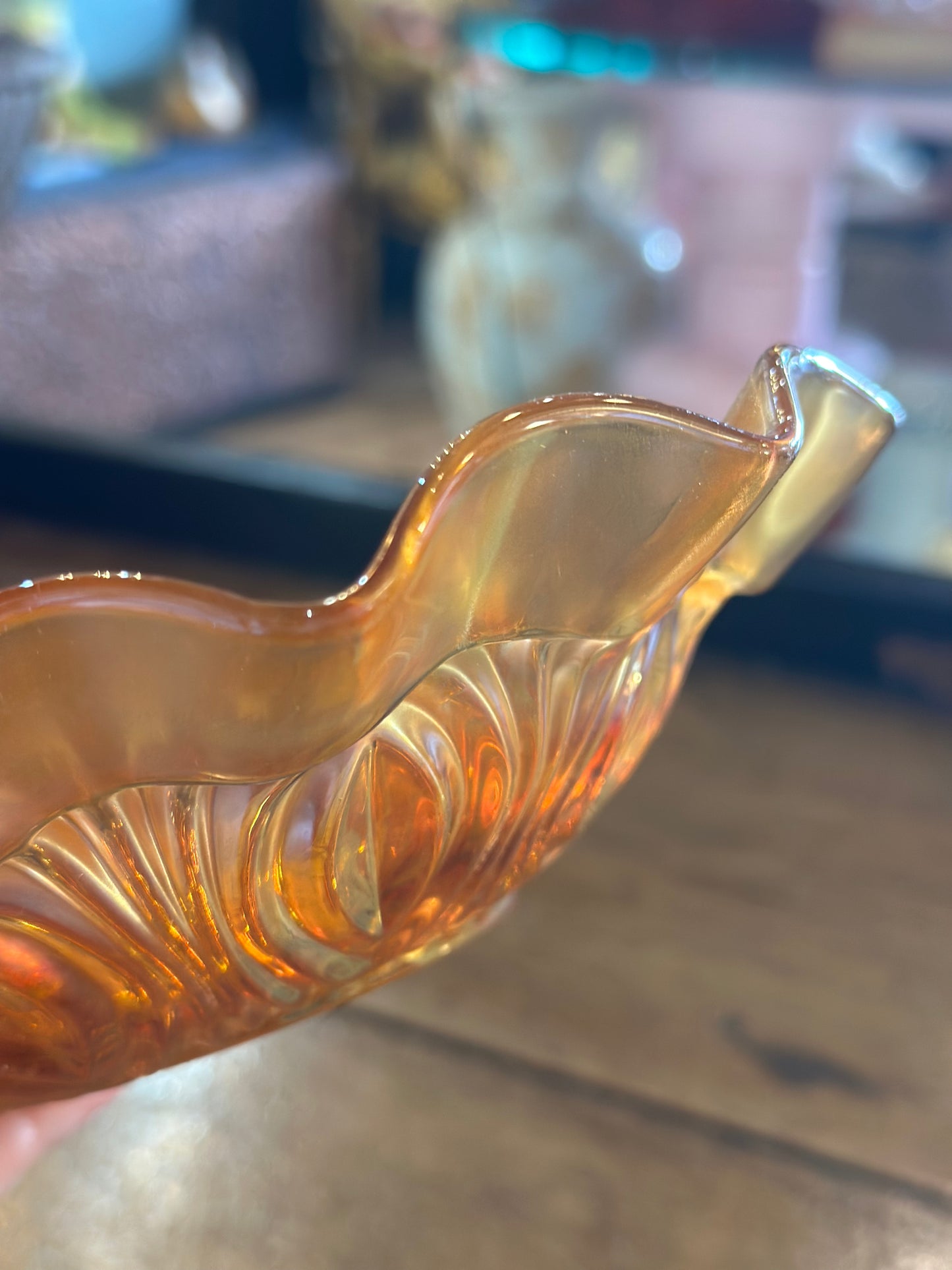 Vintage Marigold Carnival Glass Ruffled Bowl - Iridescent Basketweave Pattern - 7 Inch