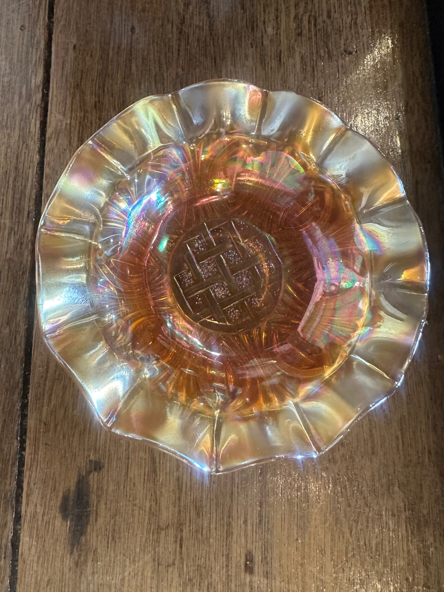 Vintage Marigold Carnival Glass Ruffled Bowl - Iridescent Basketweave Pattern - 7 Inch