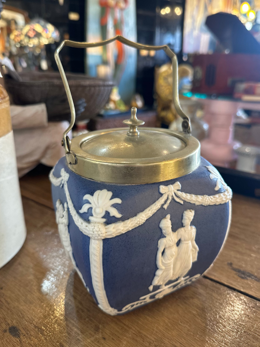 Antique Blue Jasperware Biscuit Barrel with C. Williams & Co EPNS Silver Plate Lid & Handle - Neoclassical English Pottery