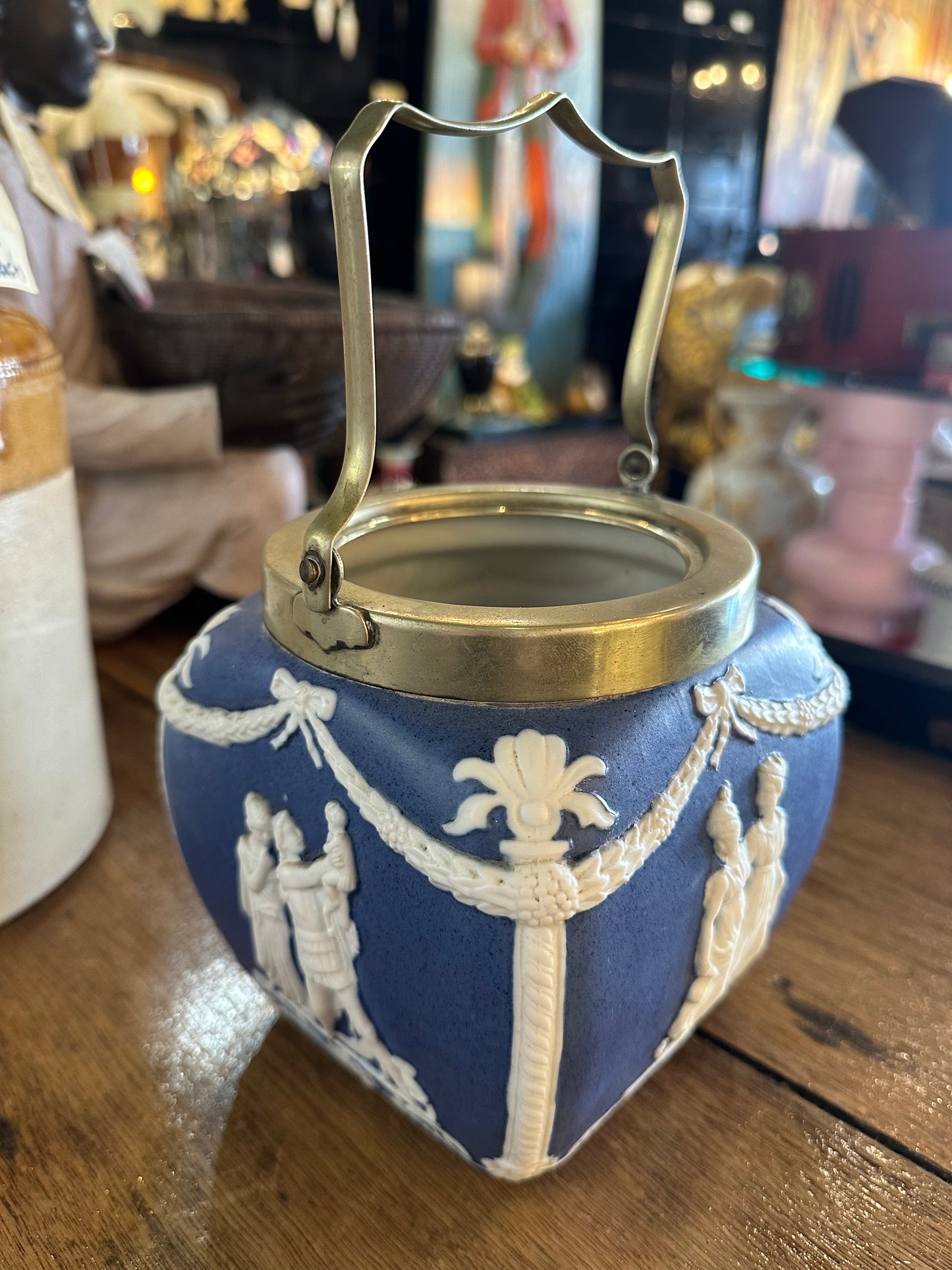 Antique Blue Jasperware Biscuit Barrel with C. Williams & Co EPNS Silver Plate Lid & Handle - Neoclassical English Pottery
