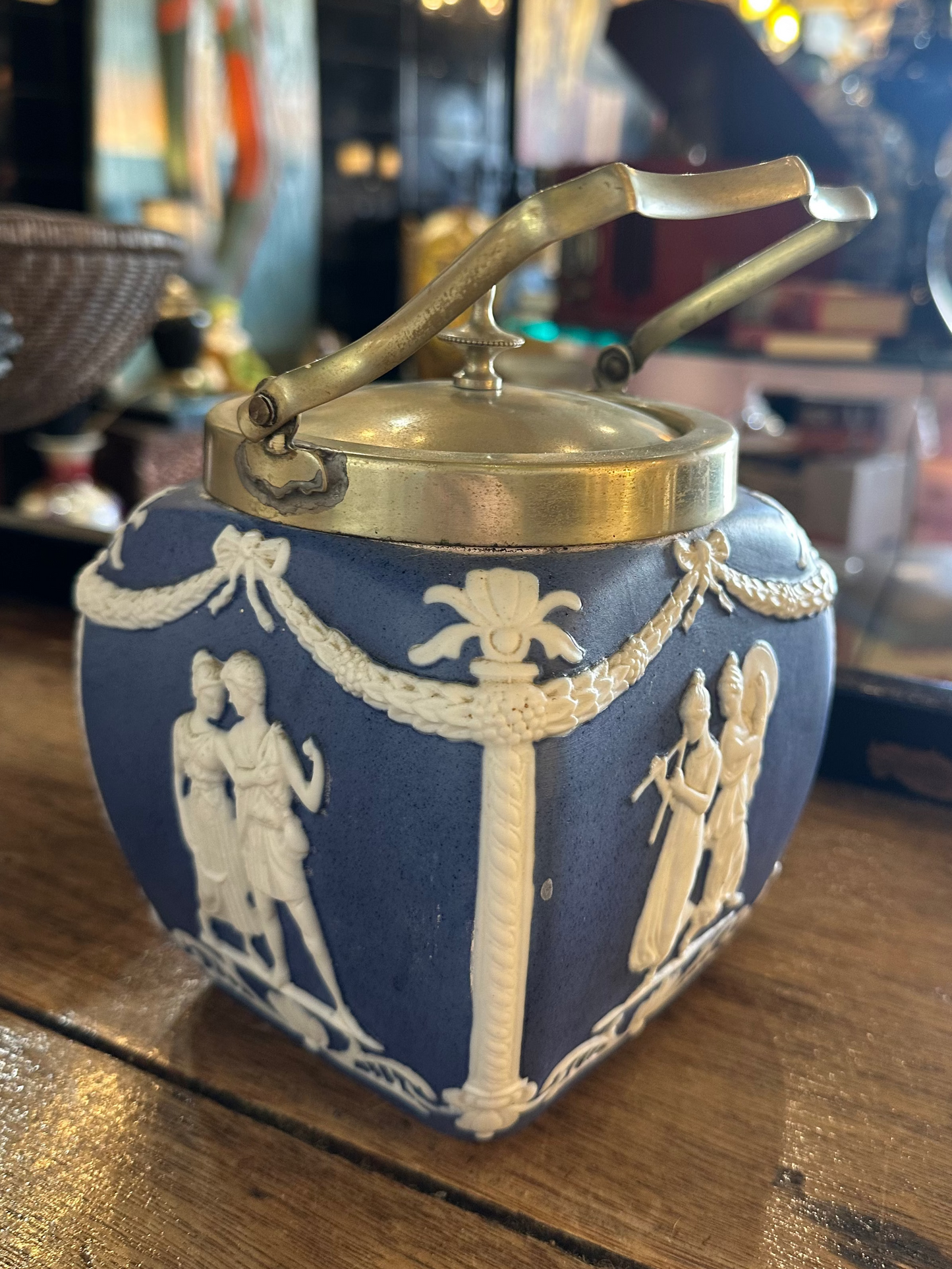 Antique Blue Jasperware Biscuit Barrel with C. Williams & Co EPNS Silver Plate Lid & Handle - Neoclassical English Pottery