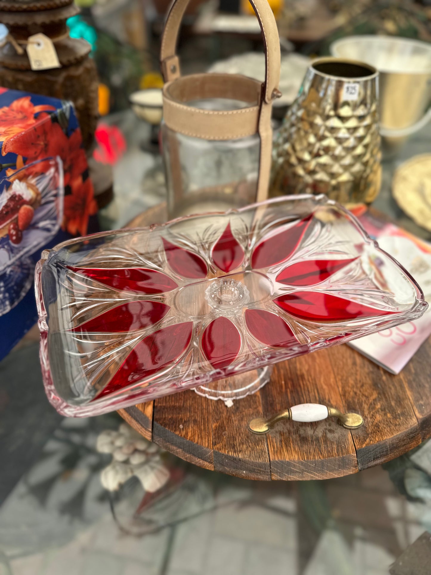 Vintage Soga Japan Fairmont Belle Ruby Red Footed Glass Platter | Rectangular Starburst Serving Stand | Japanese Art Glass