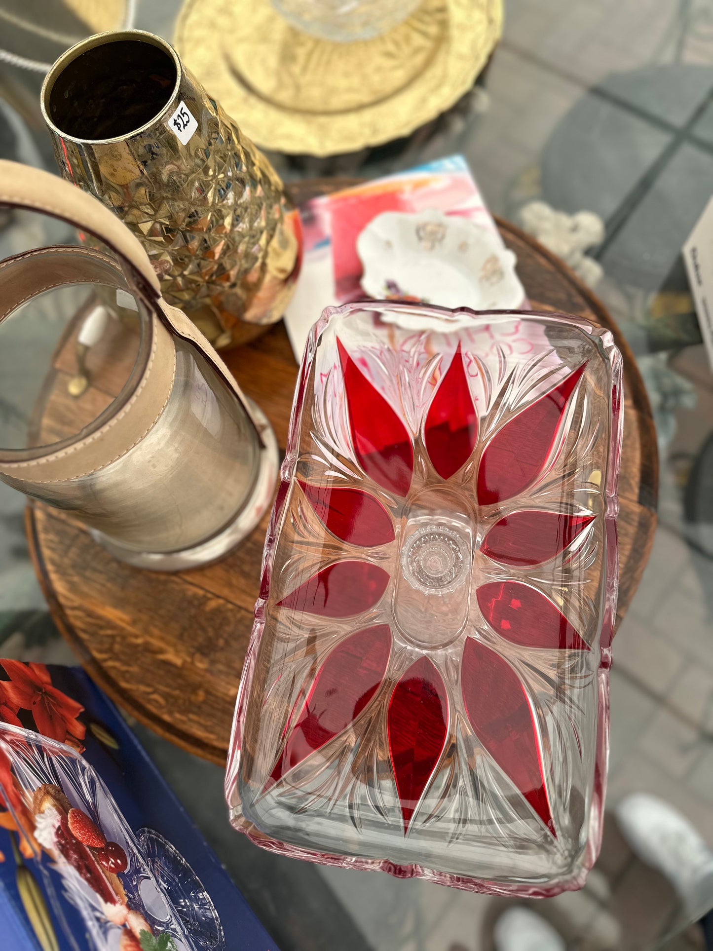 Vintage Soga Japan Fairmont Belle Ruby Red Footed Glass Platter | Rectangular Starburst Serving Stand | Japanese Art Glass